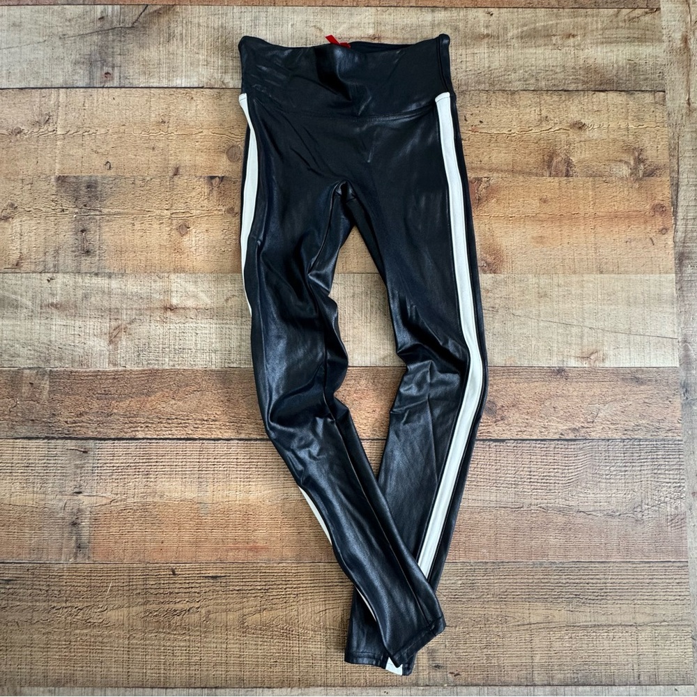 SPANX® Faux Leather Leggings SMALL Black with Cream Racer Striped